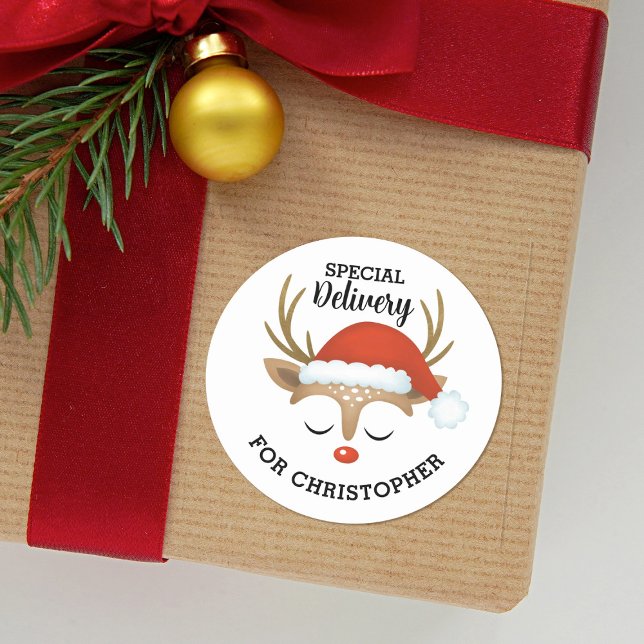 Weihnachtsfest Niedliche Kinderrinder Runder Aufkleber (A cute Christmas special delivery sticker for your gift wrapping.)
