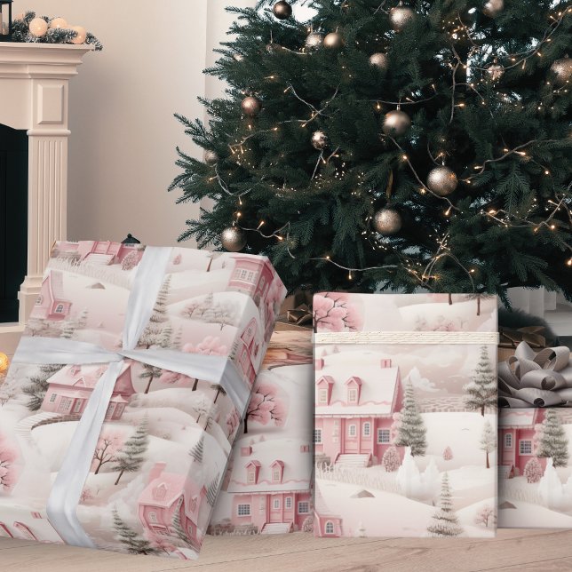 Weihnachtsfest Rosa Schneedorf Urlaub Geschenkpapier (Vintage Christmas Pink Snow Village Holiday Wrapping Paper)