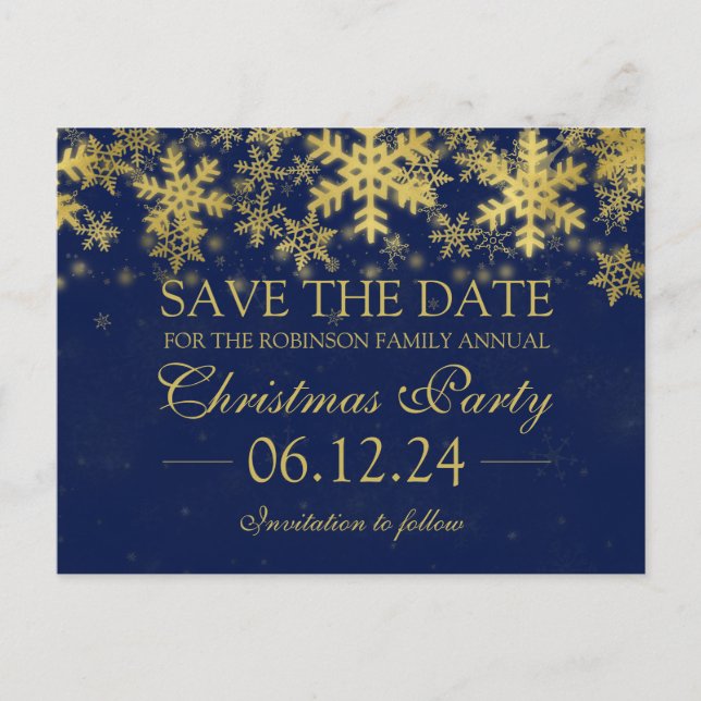 Weihnachtsfest Save the Date Gold Navy Blauer Wint Ankündigungspostkarte (Vorderseite)