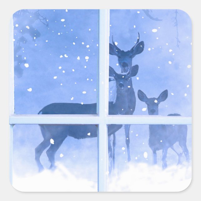 Weihnachtsfest Wildtiere im Fenster Quadratischer Aufkleber (Vorderseite)