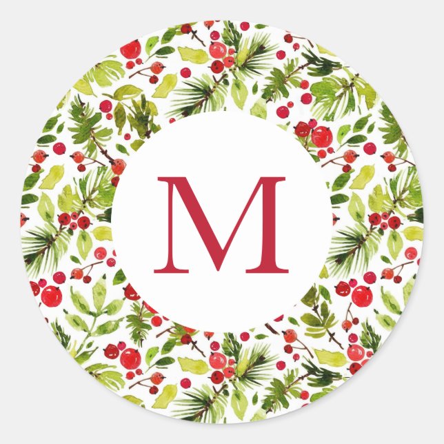 Weihnachtsfeste Grüntöne und Berries Runder Aufkleber (Vorderseite)