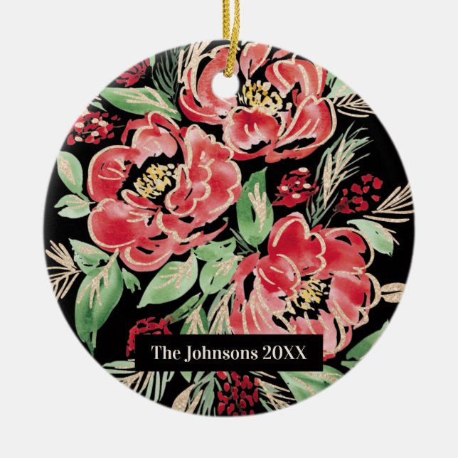 Weihnachtsfeste Rose in Aquarellfarbe - Blume Keramik Ornament (Vorne)