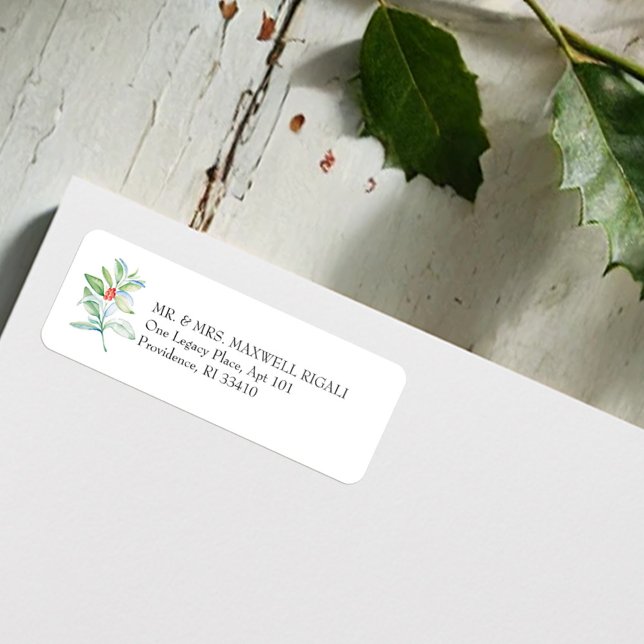 Weihnachtsfeste Rücksendeadressen-Aufkleber (Christmas return address label feature watercolor botanicals in red & green by Victoria Grigaliunas)