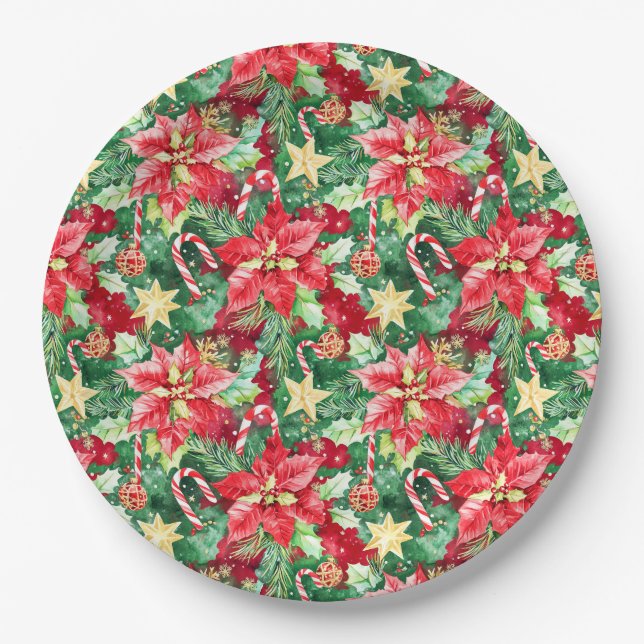 Weihnachtsfestspiele Poinsettia Blume Pappteller (Vorderseite)