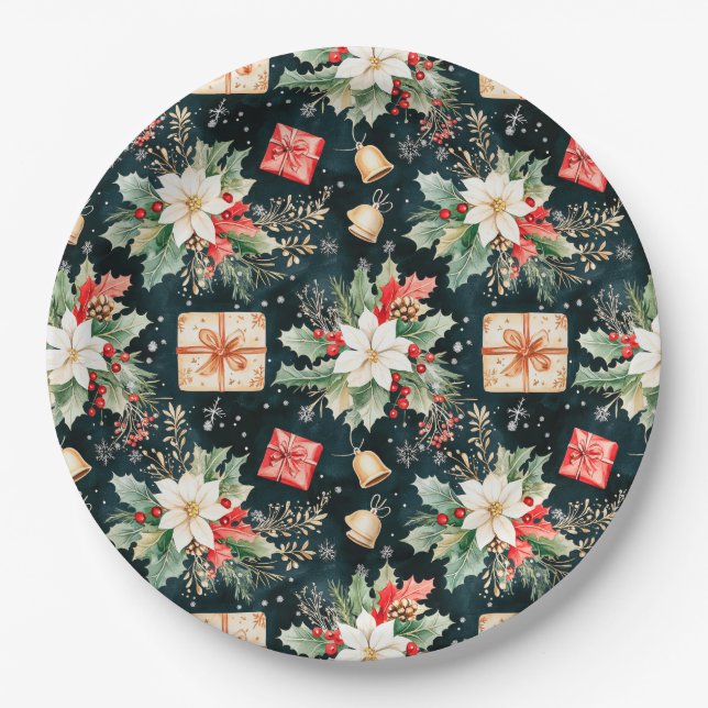 Weihnachtsfestspiele Poinsettia Blume Pappteller (Vorderseite)
