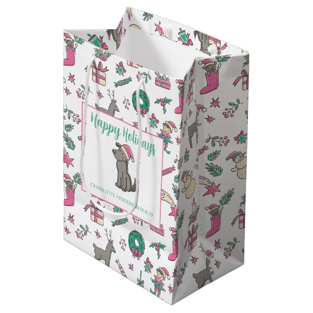 Weihnachtsfirma Santa Dog Mittlere Geschenktüte (Vorderseite Schrägansicht)