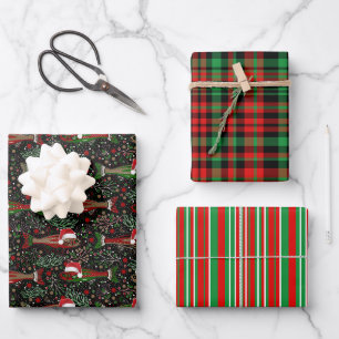 Weihnachtsfisch Santa Hüte Rot Grün Kariert Gestre Geschenkpapier Set