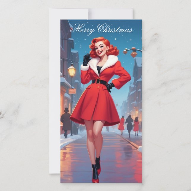 Weihnachtsflachkarte mit Button-Up Girl Feiertagskarte (Vorderseite)