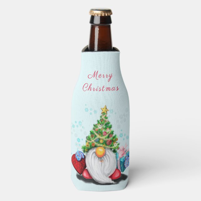 Weihnachtsflasche Cooler Gnome mit Geschenken Flaschenkühler (Flaschenvorderseite)