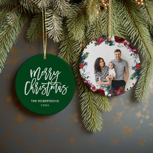 Weihnachtsflor-Kranz mit personalisiertem Foto Keramik Ornament