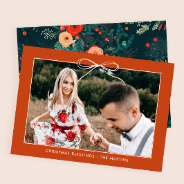 Weihnachtsfloral Orange Ribbon Gerahmtes Foto Feiertagskarte
