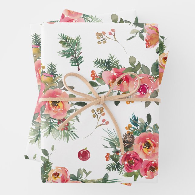 Weihnachtsfloral und Pinienmuster | Winterurlaub Geschenkpapier Set (Beispiel)