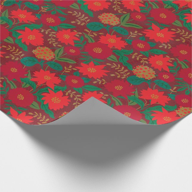 Weihnachtsflorale Poinsettia Rotes Gold Geschenkpapier (Ecke)