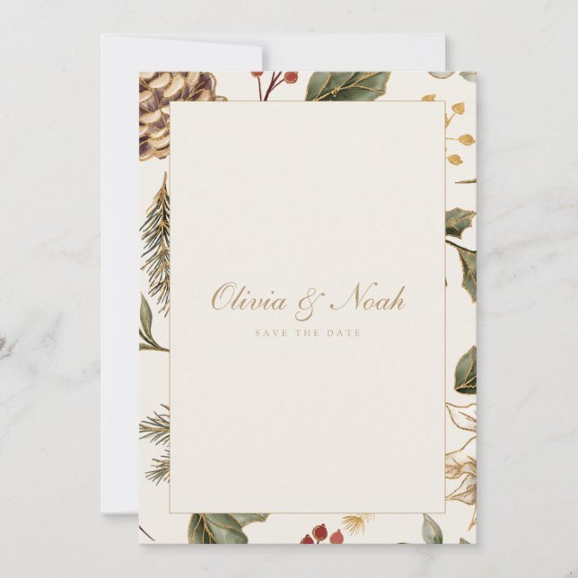 Weihnachtsfolien Pinecone Save the Date Karte (Vorderseite)