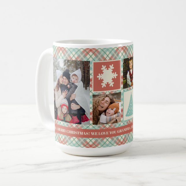 Weihnachtsfoto Collage Minze Karierte benutzerdefi Kaffeetasse (Vorderseite Links)