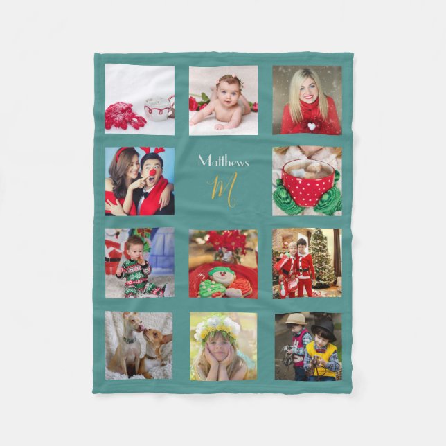 Weihnachtsfoto-Collage mit Monogramm Fleecedecke (Vorderseite)