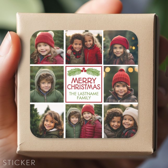 Weihnachtsfoto Collage mit rustikalem Pine Quadratischer Aufkleber (Custom Sticker - Personalize with your info for a party favor or gift)