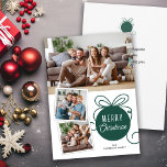 Weihnachtsfoto Collage Tree Ornament Grün Feiertagskarte<br><div class="desc">Senden Sie Ihre Weihnachtsgrüße an Ihre Familie und Freunde mit dieser modernen, minimalen Weihnachtskarte für das Foto. Das Design bietet eine niedliche dunkelgrüne Baum-Ornament-Grafik und Platz für 3 Bilder... 1 horizontale und 2 kleinere quadratische Bilder. Fügen Sie Ihre eigene persönliche Nachricht auf der Rückseite hinzu, oder verwenden Sie die angezeigte....</div>