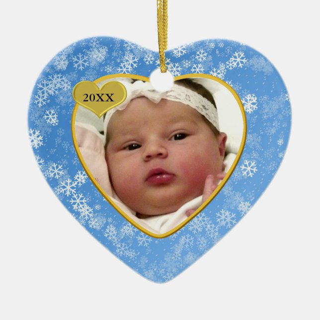 WeihnachtsFoto-Herz Snowy weiches blaues Babys Keramikornament (Vorne)