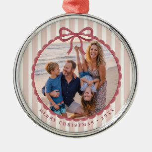 Weihnachtsfoto mit rosa gestreiftem Band Ornament Aus Metall