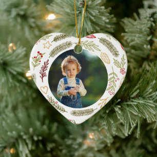Weihnachtsfoto Rustikales Kiefernlaub Herzform Keramik Ornament