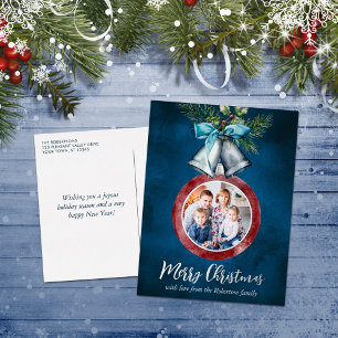 Weihnachtsfoto Silberglocken Navy Blau  Folien Feiertagspostkarte