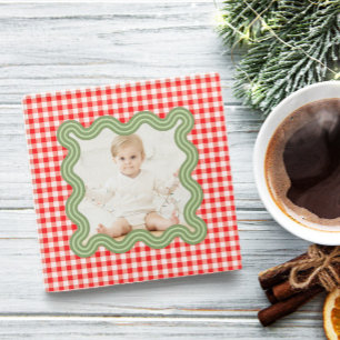 Weihnachtsfoto Wellige grüne Umrandung Gingham Wei Glasuntersetzer