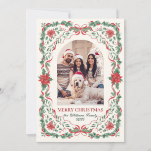 Weihnachtsfotografie mit Laub, Grün und roter Schl Feiertagskarte