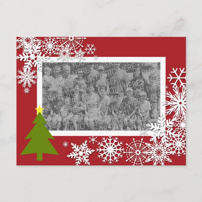 Weihnachtsfotokarte mit Schneeflocken & Bäumen Feiertagspostkarte (Vorderseite)