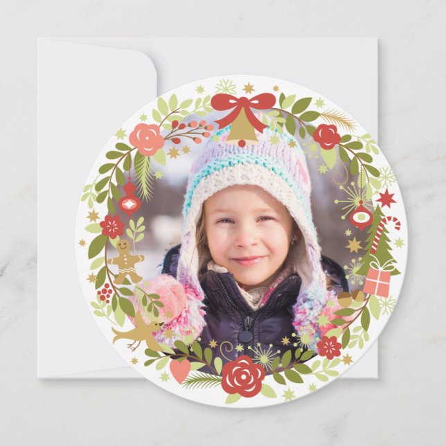 Weihnachtsfotokarten | Feierlicher Kranz Feiertagskarte (Vorderseite)