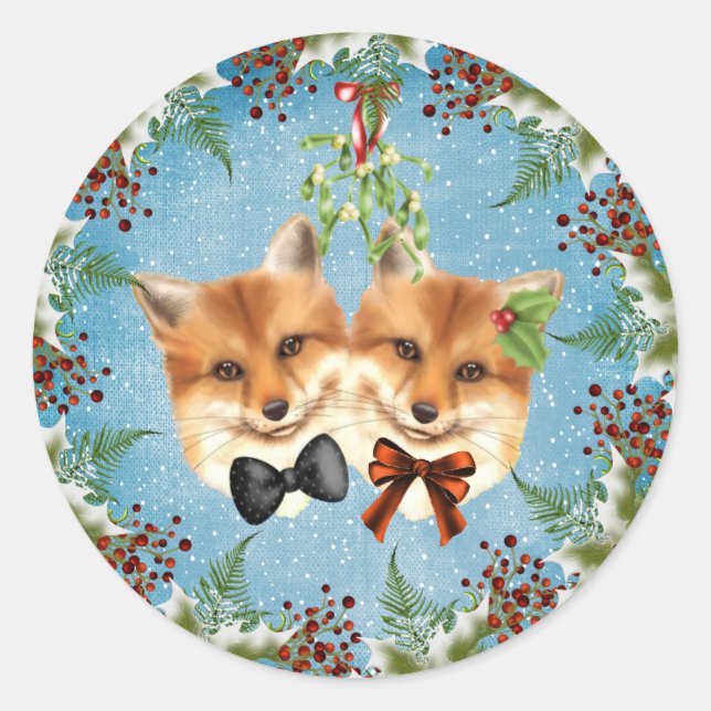 Weihnachtsfox-Mistletoe-Aufkleber Runder Aufkleber (Vorderseite)