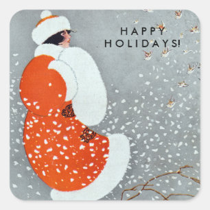 Weihnachtsfrau in Rotem Coat mit Vögeln Quadratischer Aufkleber