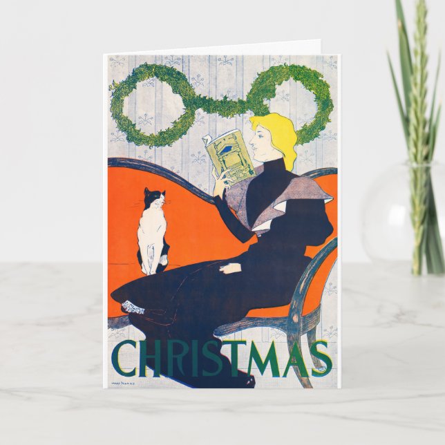 Weihnachtsfrau und ihre Katze Feiertagskarte (Vorderseite)