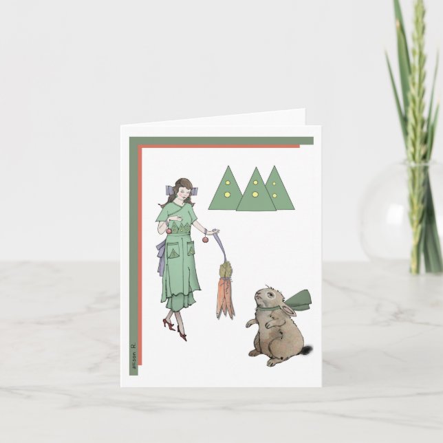 Weihnachtsfrau und Kaninchen Feiertagskarte (Vorderseite)