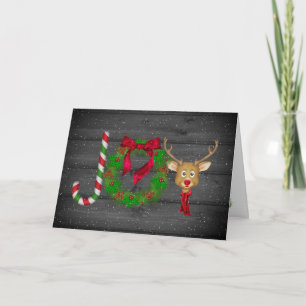 Weihnachtsfreude auf schwarzem Holz mit Schneefloc Karte