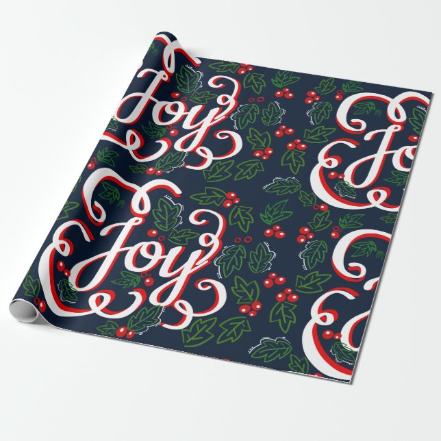 Weihnachtsfreude Holly Berries & Dark Navy Blue Geschenkpapier (Ungerollt)