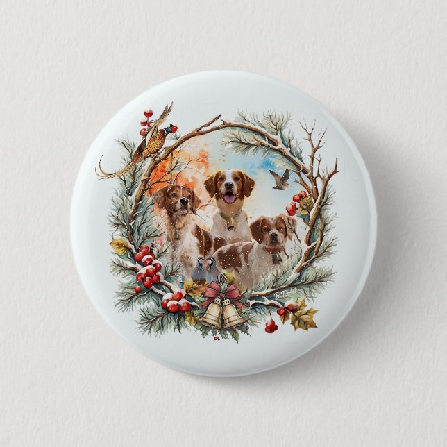 Weihnachtsfreude mit einem Brittany Spaniel Button (Vorderseite)