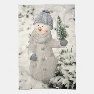 Weihnachtsfreude mit lächelndem Schneemann Geschirrtuch