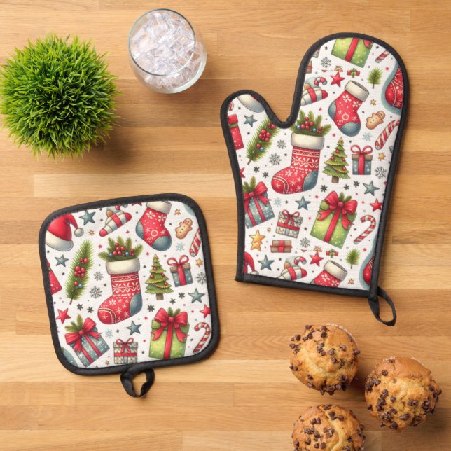 Weihnachtsfreude Ofenhandschuh & Topflappen-Set (Oben Unten)