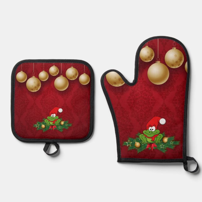 Weihnachtsfrosch Ofenhandschuh & Topflappen-Set (Vorderseite)