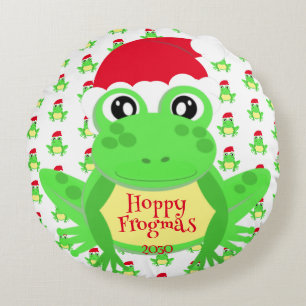 Weihnachtsfrosch Weihnachtsmannmütze Muster Weiß N Rundes Kissen