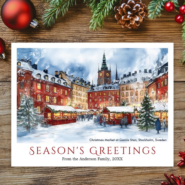 Weihnachtsgamla Stan Stockholm Schweden Feiertagspostkarte (Watercolor Christmas Market Gamla Stan Stockholm Holiday Postcard)