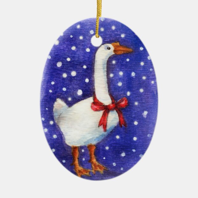 Weihnachtsgans mit roter Bogenverzierung Keramik Ornament (Vorne)