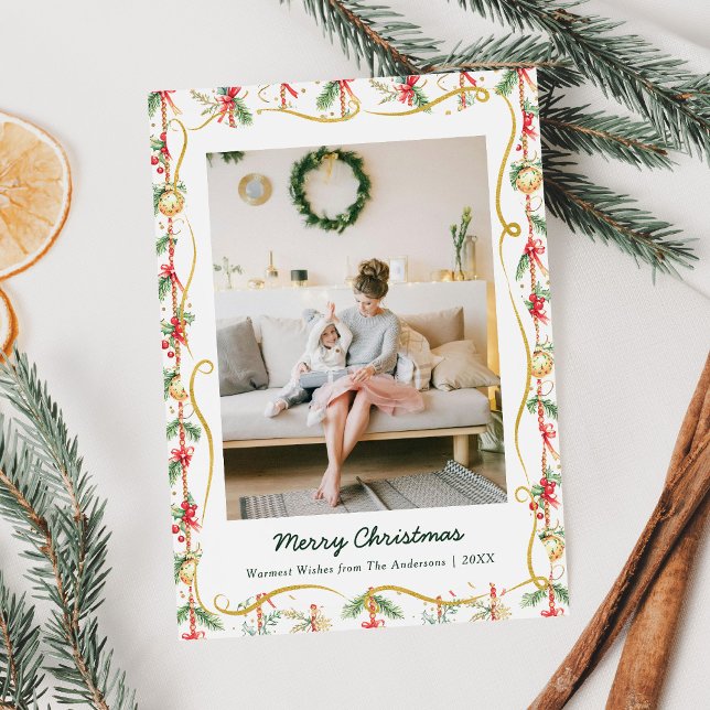 Weihnachtsgarland & Bow Muster 1 Foto Feiertagskarte (Von Creator hochgeladen)