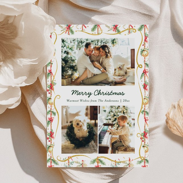 Weihnachtsgarland & Bow Muster 3 Foto Feiertagskarte (Von Creator hochgeladen)
