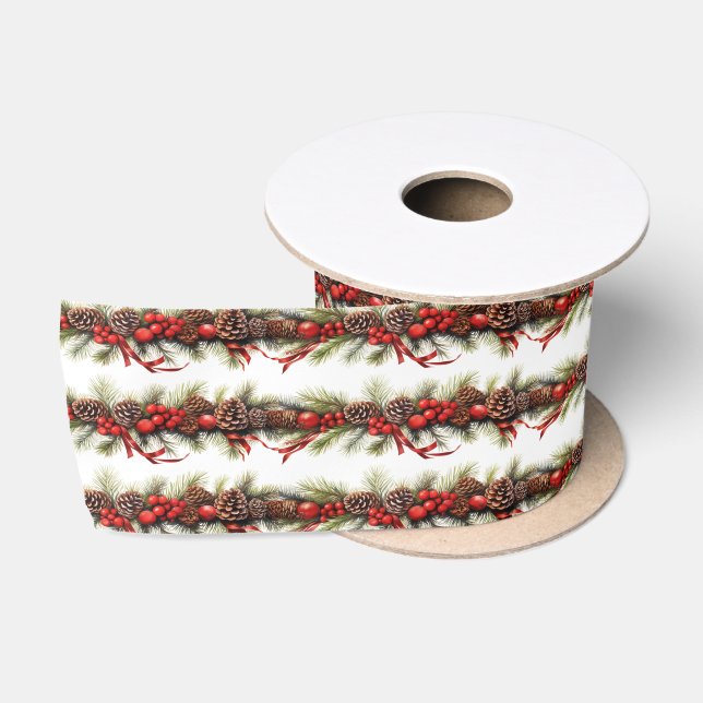 Weihnachtsgarland PineCones Red Satin Ribbon Satinband (Spule)