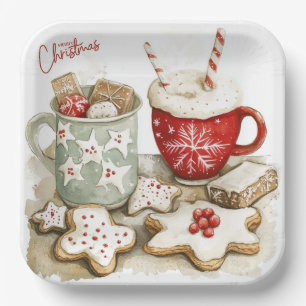 Weihnachtsgebäck Cookies und heiße Schokolade Pappteller