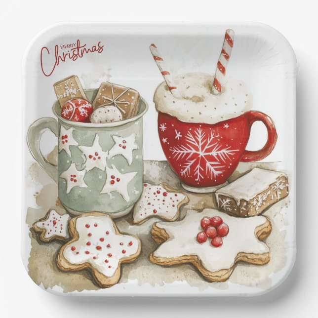 Weihnachtsgebäck Cookies und heiße Schokolade Pappteller (Vorderseite)