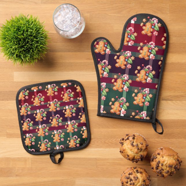 Weihnachtsgebäck Karierte Weihnachtspastel Ofenhandschuh & Topflappen-Set (Oben Unten)