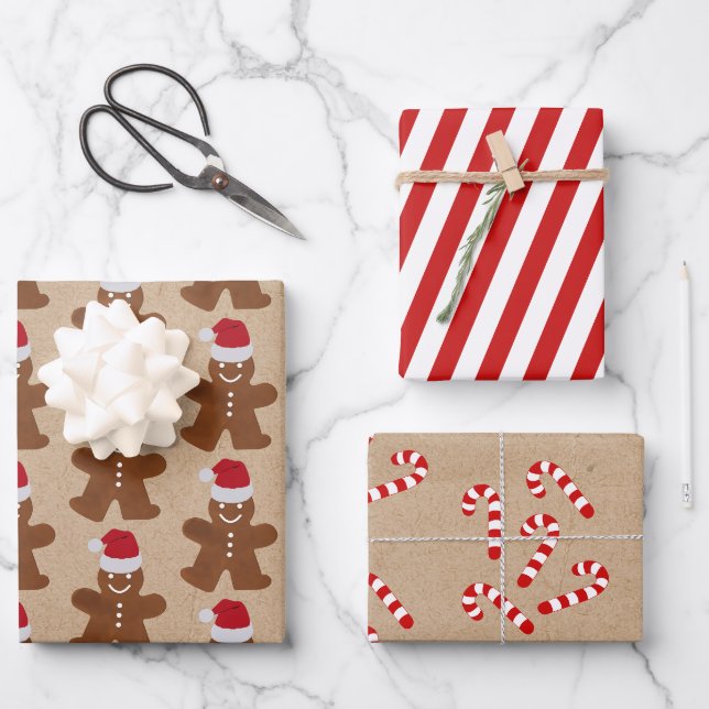 Weihnachtsgebäck Man Cookies & Candy Stripes Geschenkpapier Set (Vorderseite)